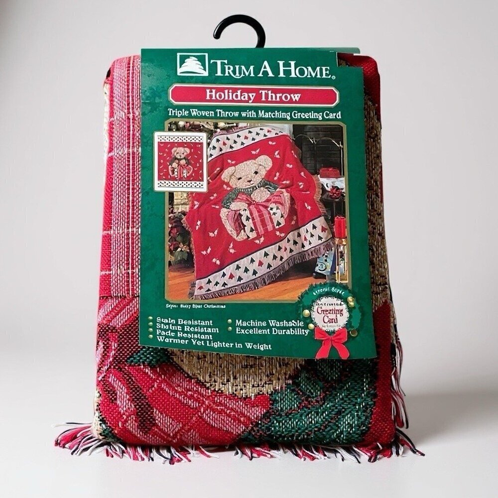 Vintage American Weavers Holiday Throw Blanket Teddy Bear Christmas Woven NEW